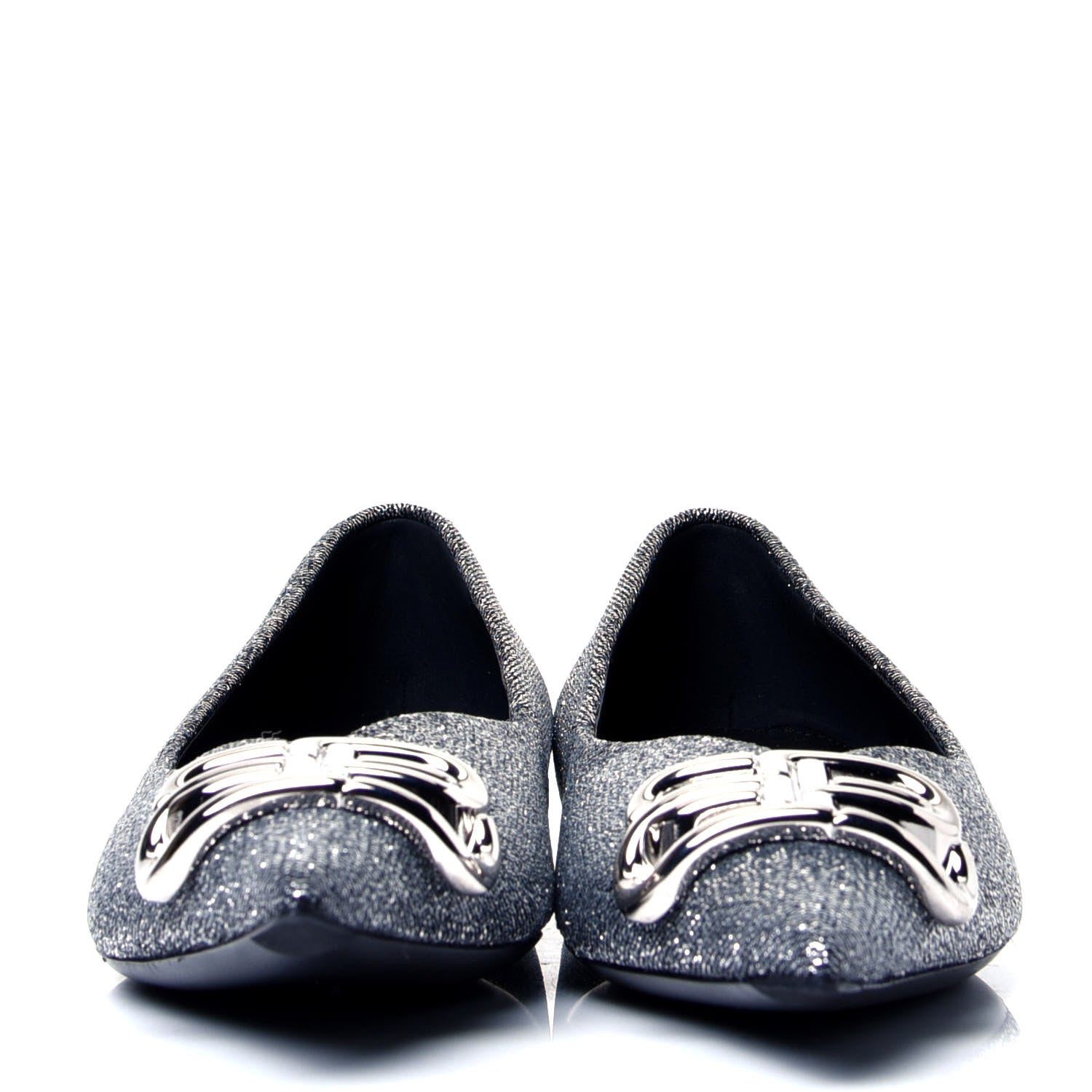 Balenciaga Shiny Fabric BB Square Knife Pointy Toe Ballerina Flats 37 Silver 2 of 6