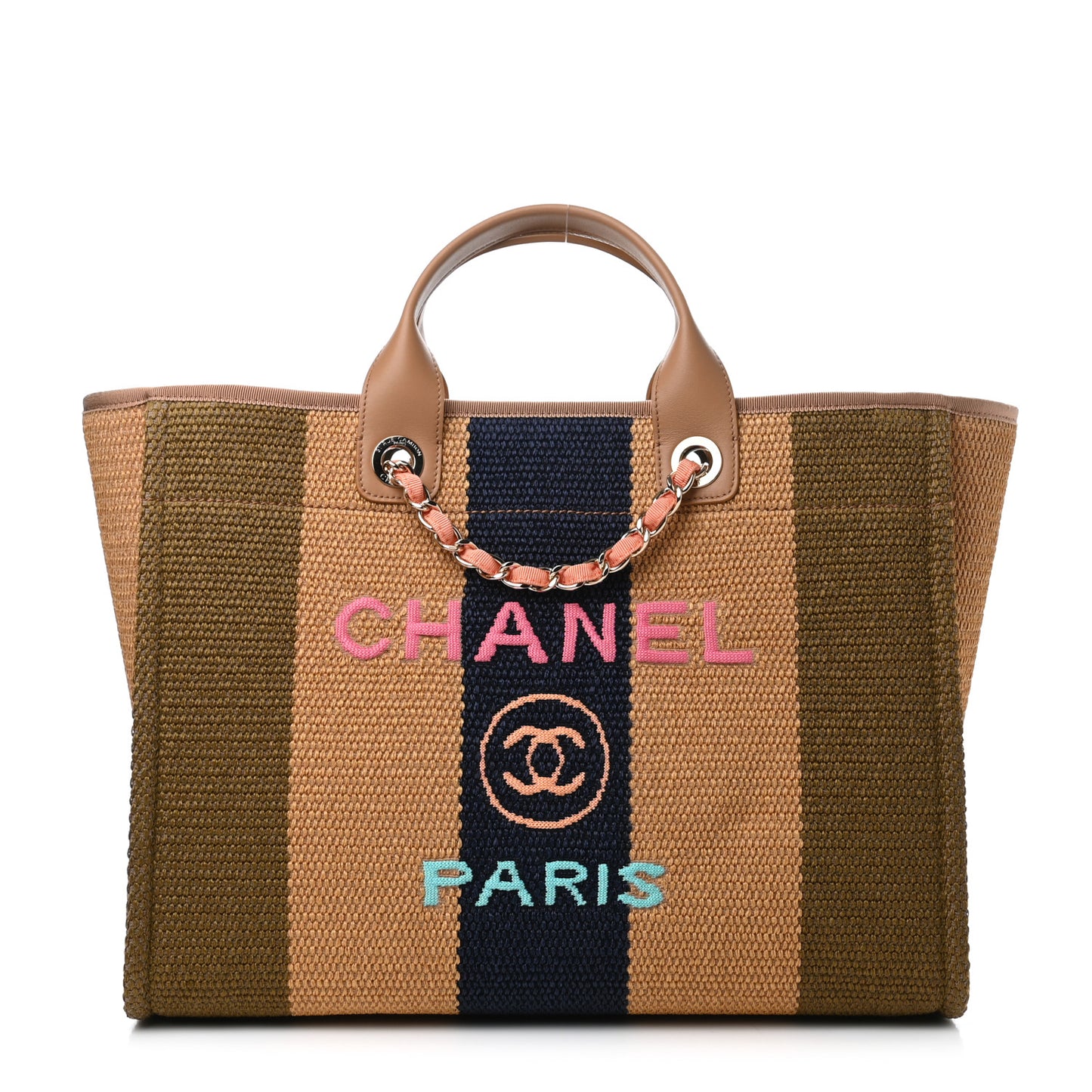 Straw Raffia Calfskin Striped Medium Deauville Tote Khaki Beige Navy Blue