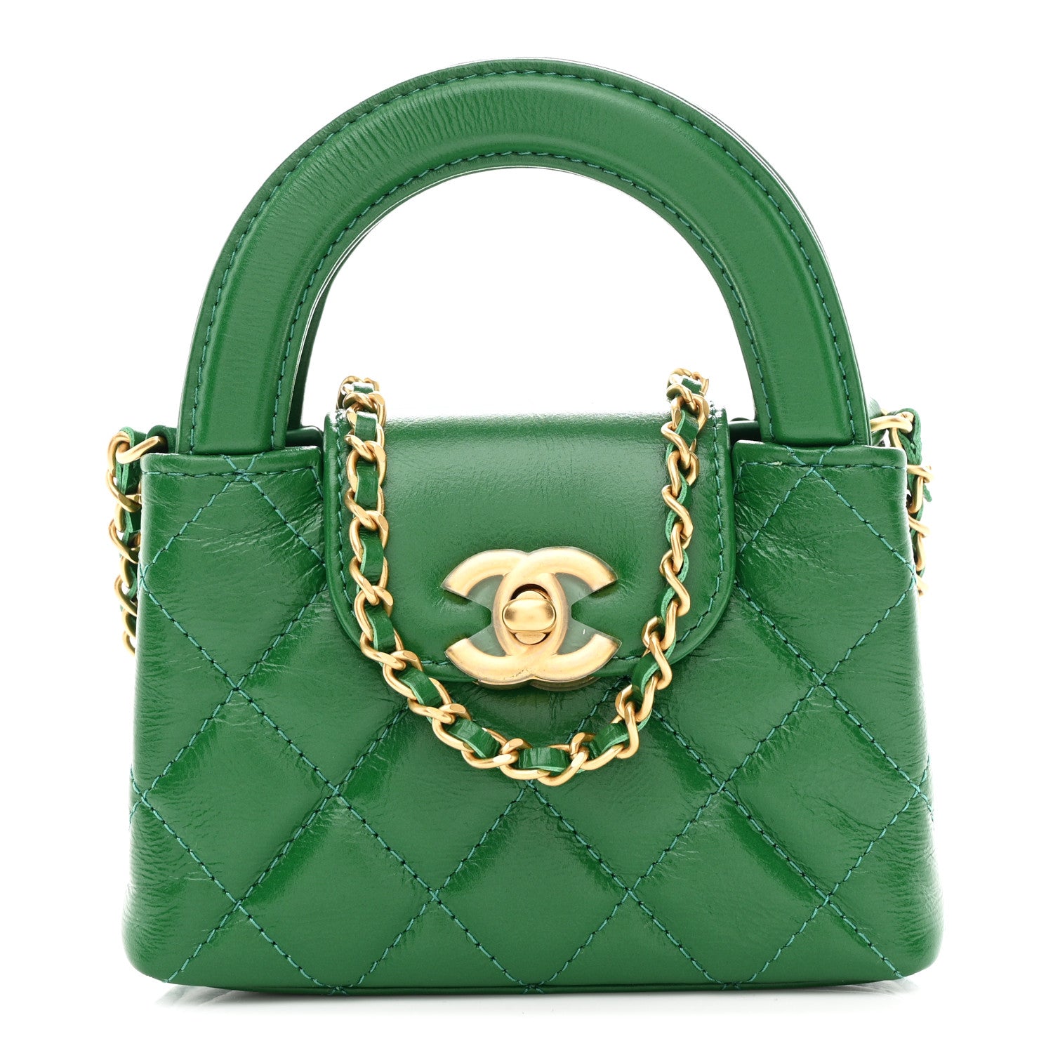 Chanel Shiny Aged Calfskin Quilted Mini Nano Kelly Shopper Green 1 of 10