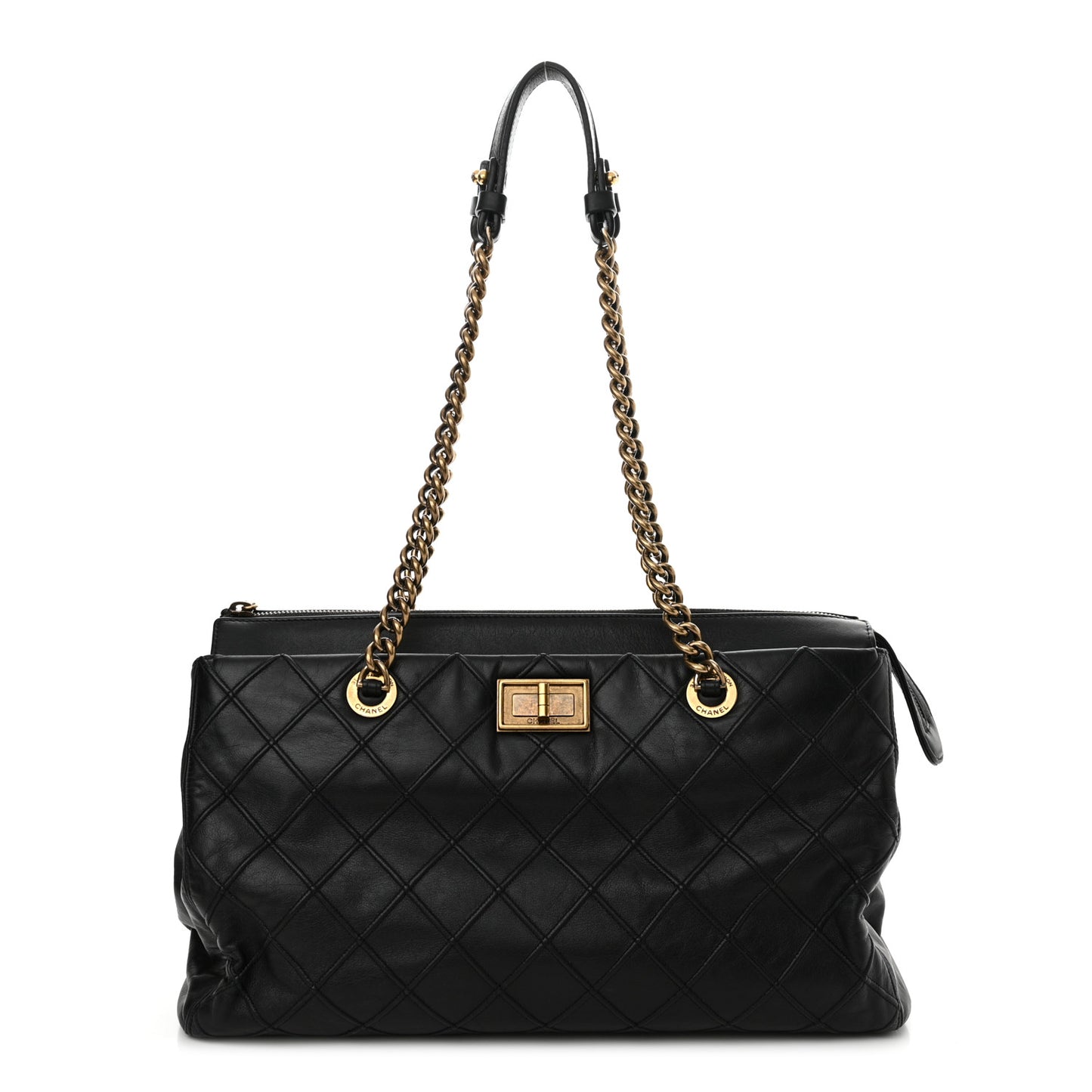 Calfskin Diamond Debossed Large Cosmos Zip Tote Black