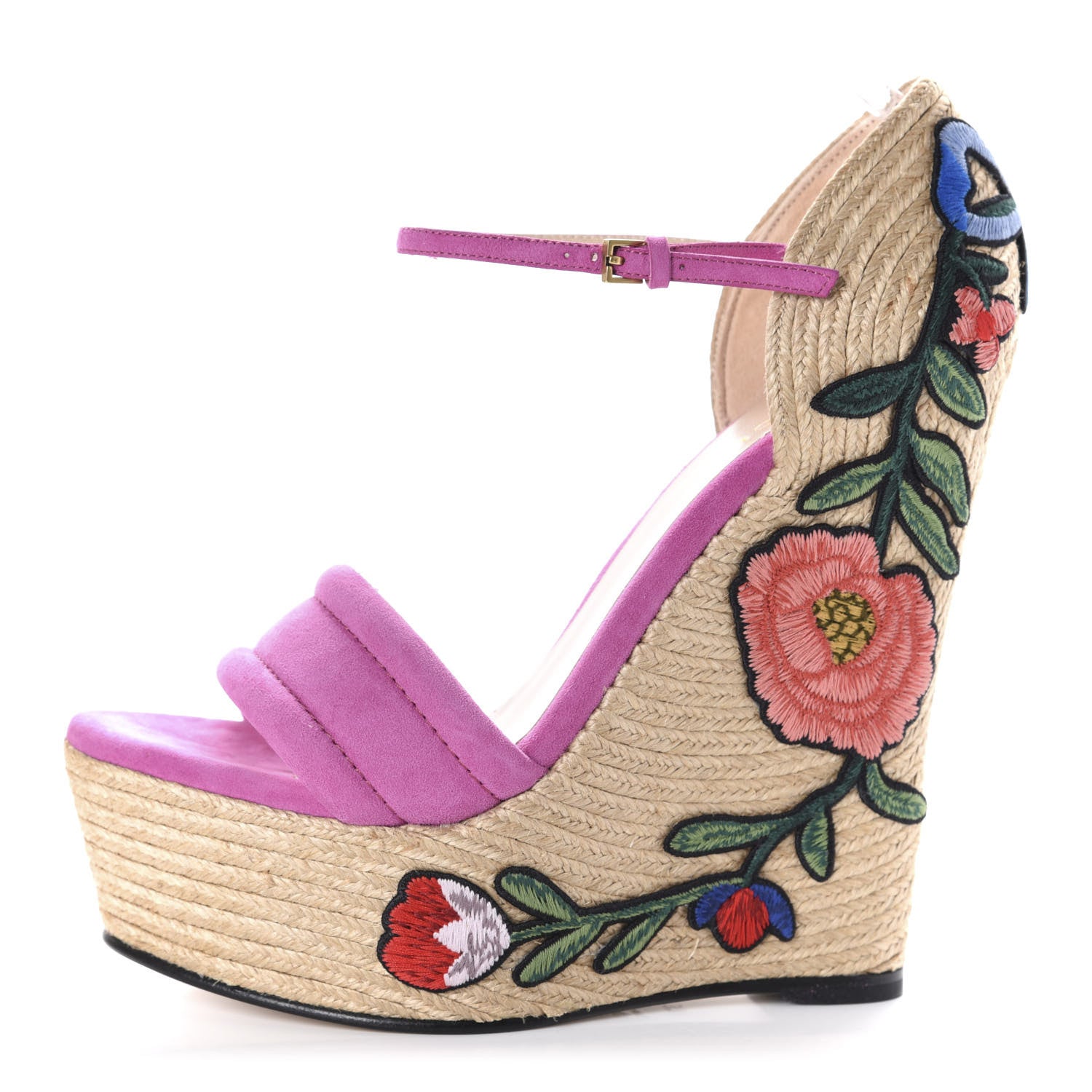 Gucci Kid Scamosciato Ophelia Espadrille Platform Wedge Sandals 37 Rododendro 1 of 10