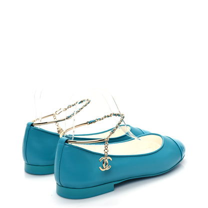 Chanel Lambskin Patent Calfskin Cap Toe Ankle Chain Ballerina Flats 38 Turquoise 6 of 18