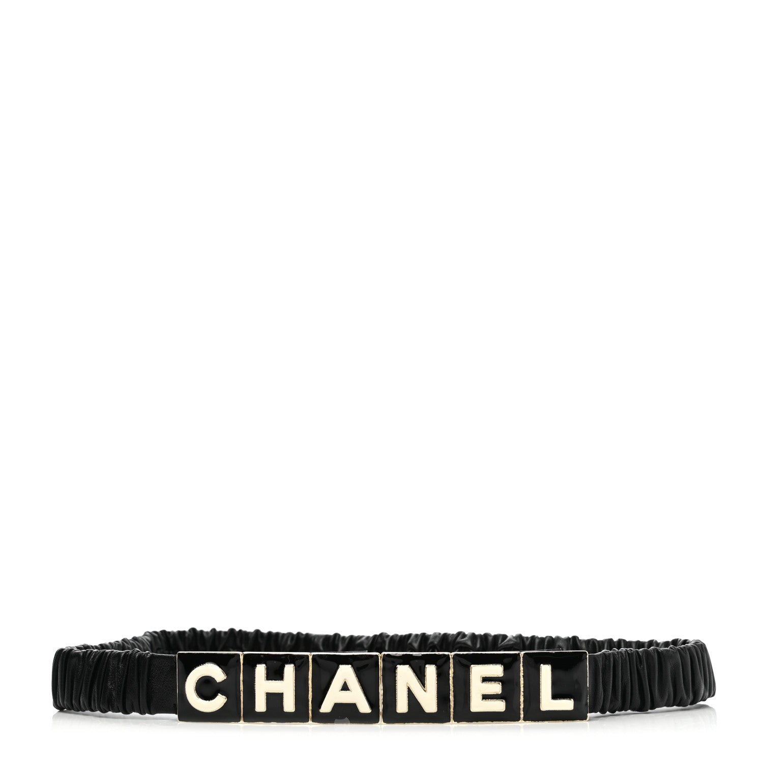 Chanel Lambskin Enamel Logo Elastic Belt 75 30 Black Gold 1 of 5