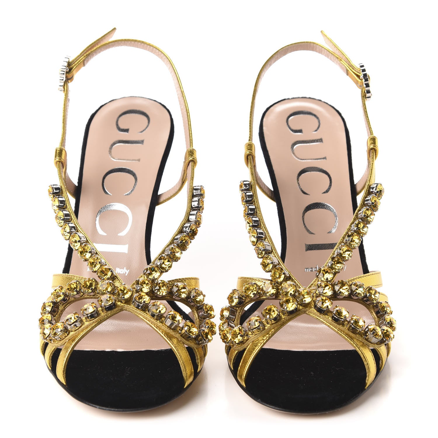Gucci Velvet Nappa Crystal Zephyra Slingback High Heel Sandals 36.5 Black Gold 2 of 8