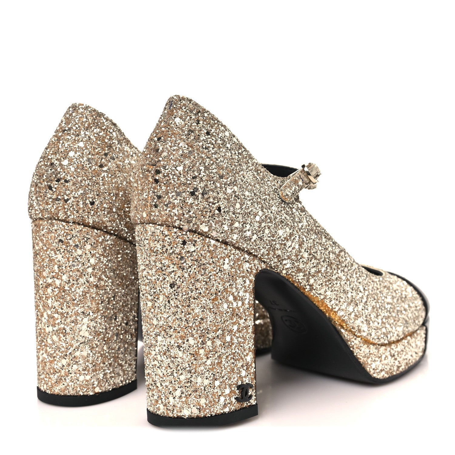 Chanel Glitter Lambskin Cap Toe CC Mary Jane Pumps 37 Light Gold Black 5 of 9