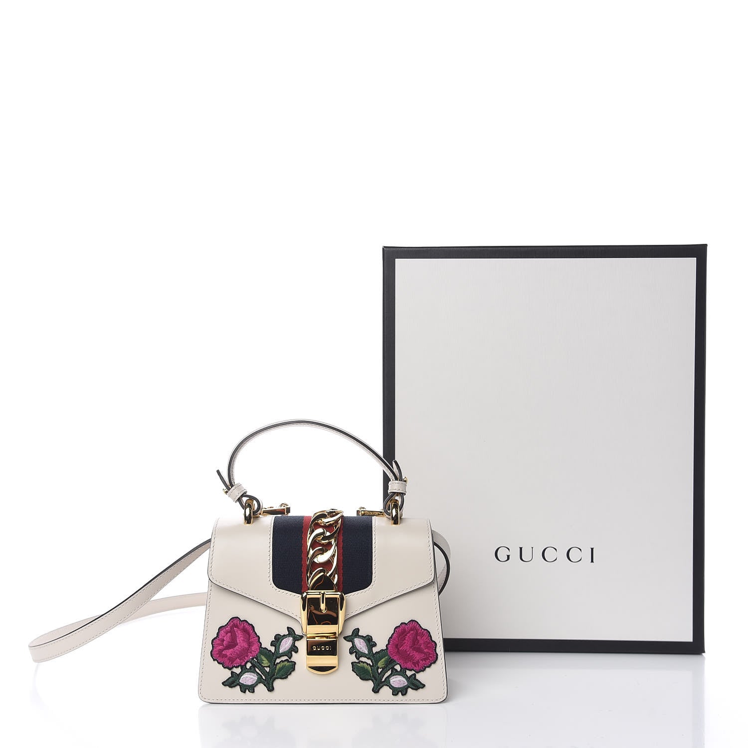 Gucci Calfskin Embroidered Mini Sylvie Top Handle Bag White 12 of 12