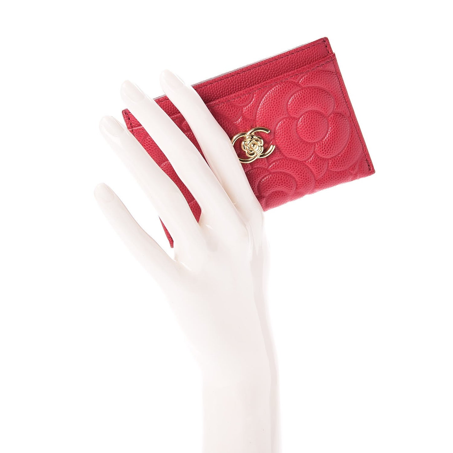 Caviar Camellia Embossed Card Holder Fuchsia