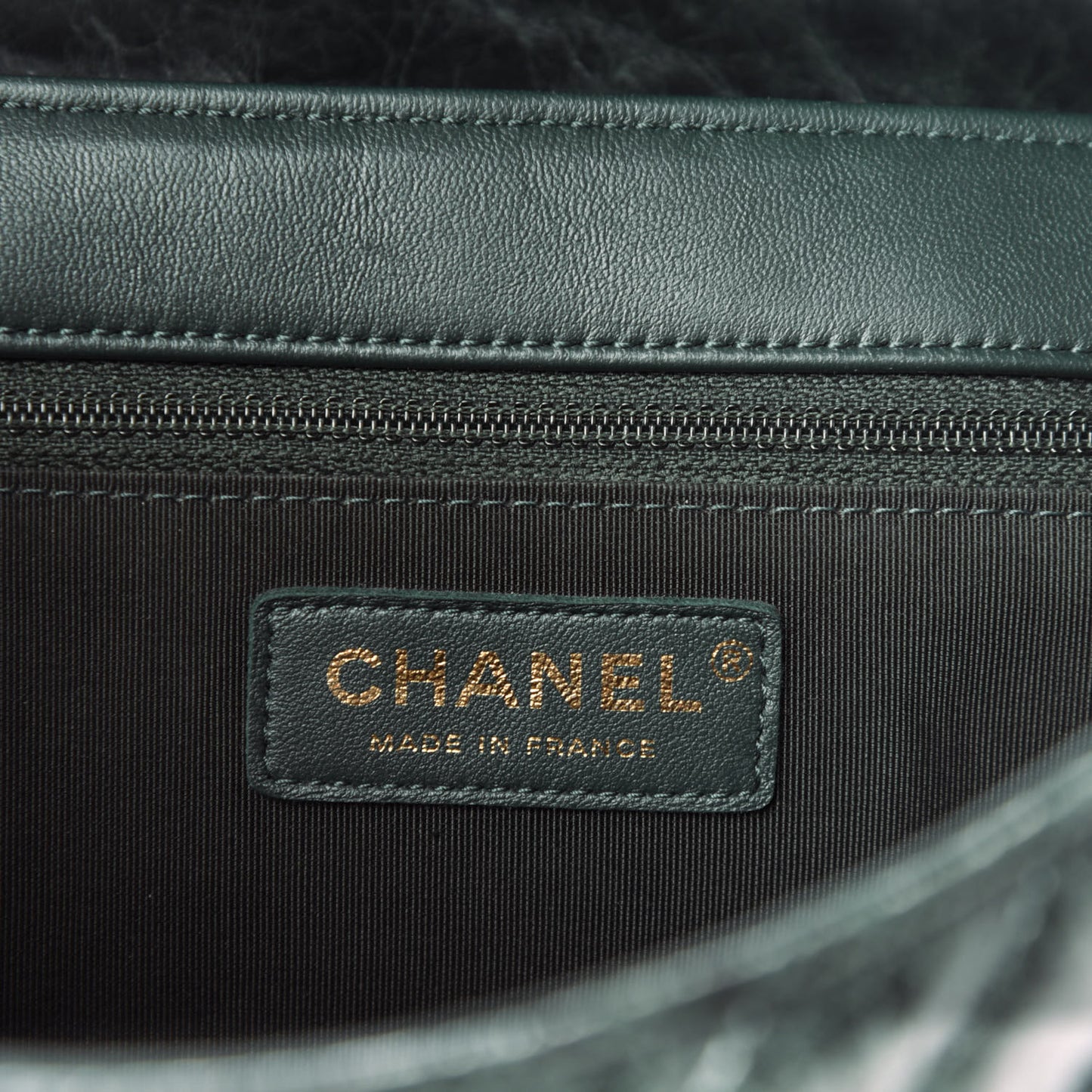 CHANE Glazed Calfskin Chevron Quilted Large Hampton Flap Dark Green