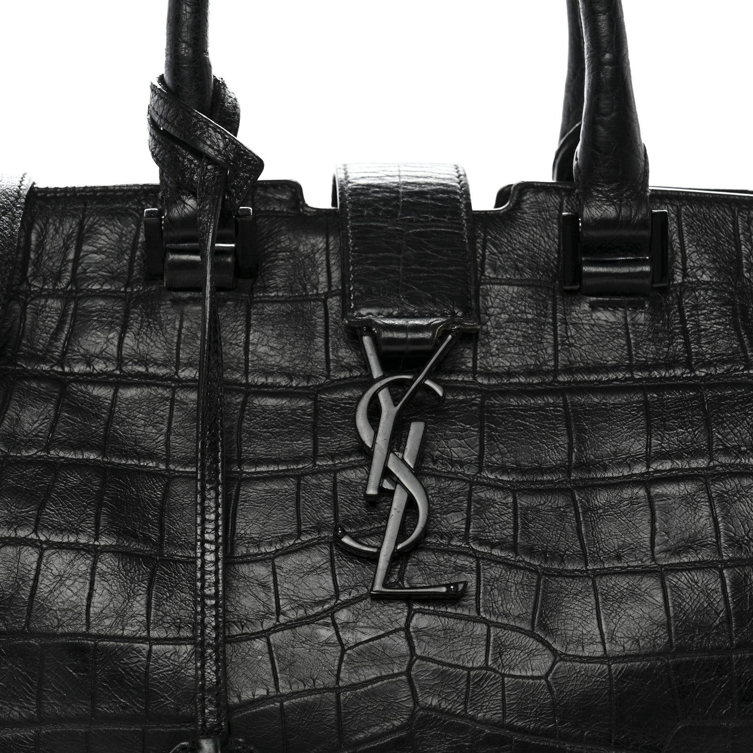 Saint Laurent Calfskin Crocodile Embossed Small Monogram Cabas Black 8 of 21