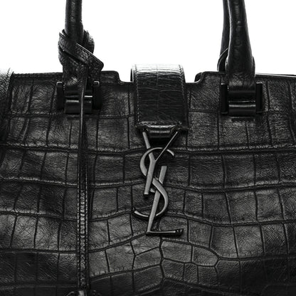 Saint Laurent Calfskin Crocodile Embossed Small Monogram Cabas Black 8 of 21