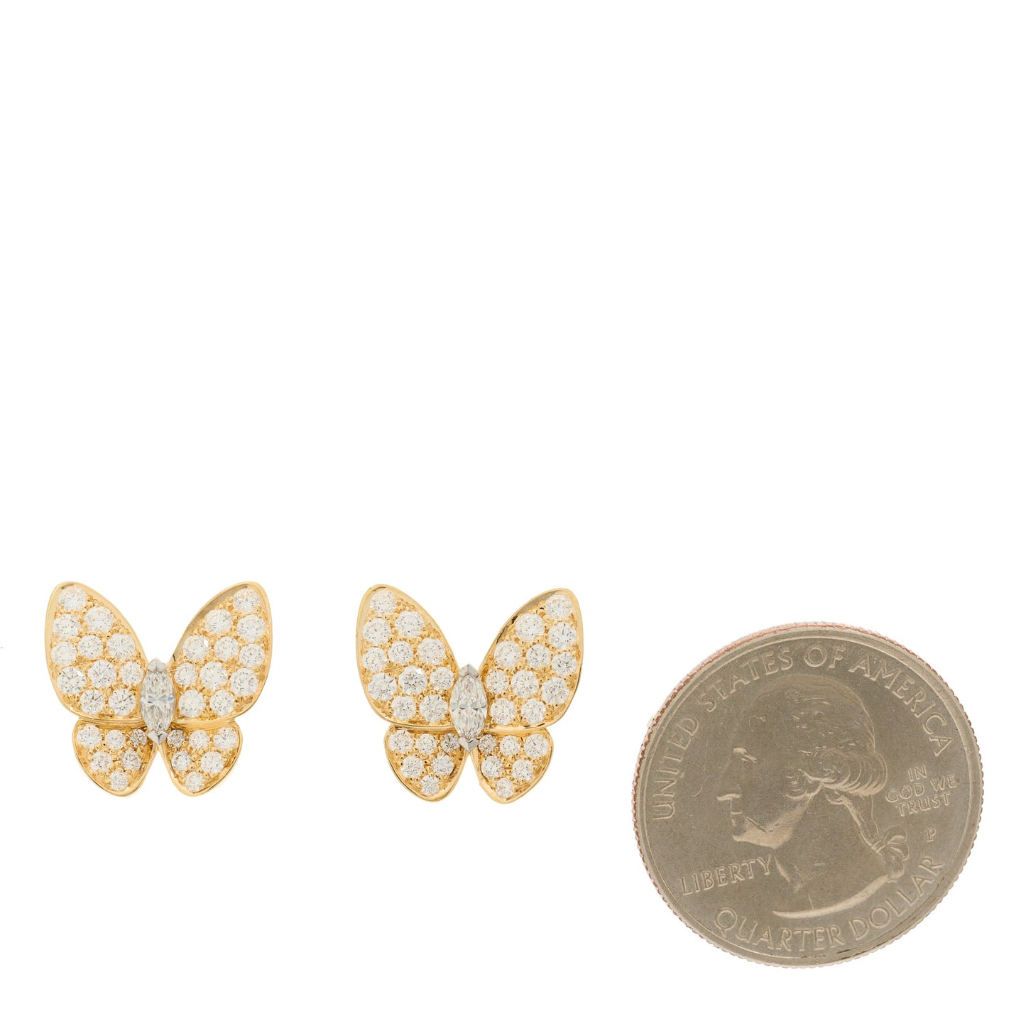 18K Yellow Gold Diamond Two Butterfly Earrings