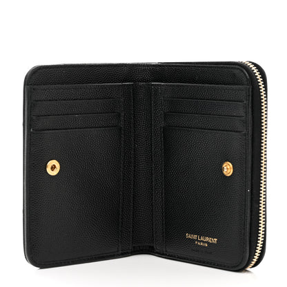 Saint Laurent Grain De Poudre Matelasse Chevron Monogram Compact Zip Around Wallet Black 5 of 7