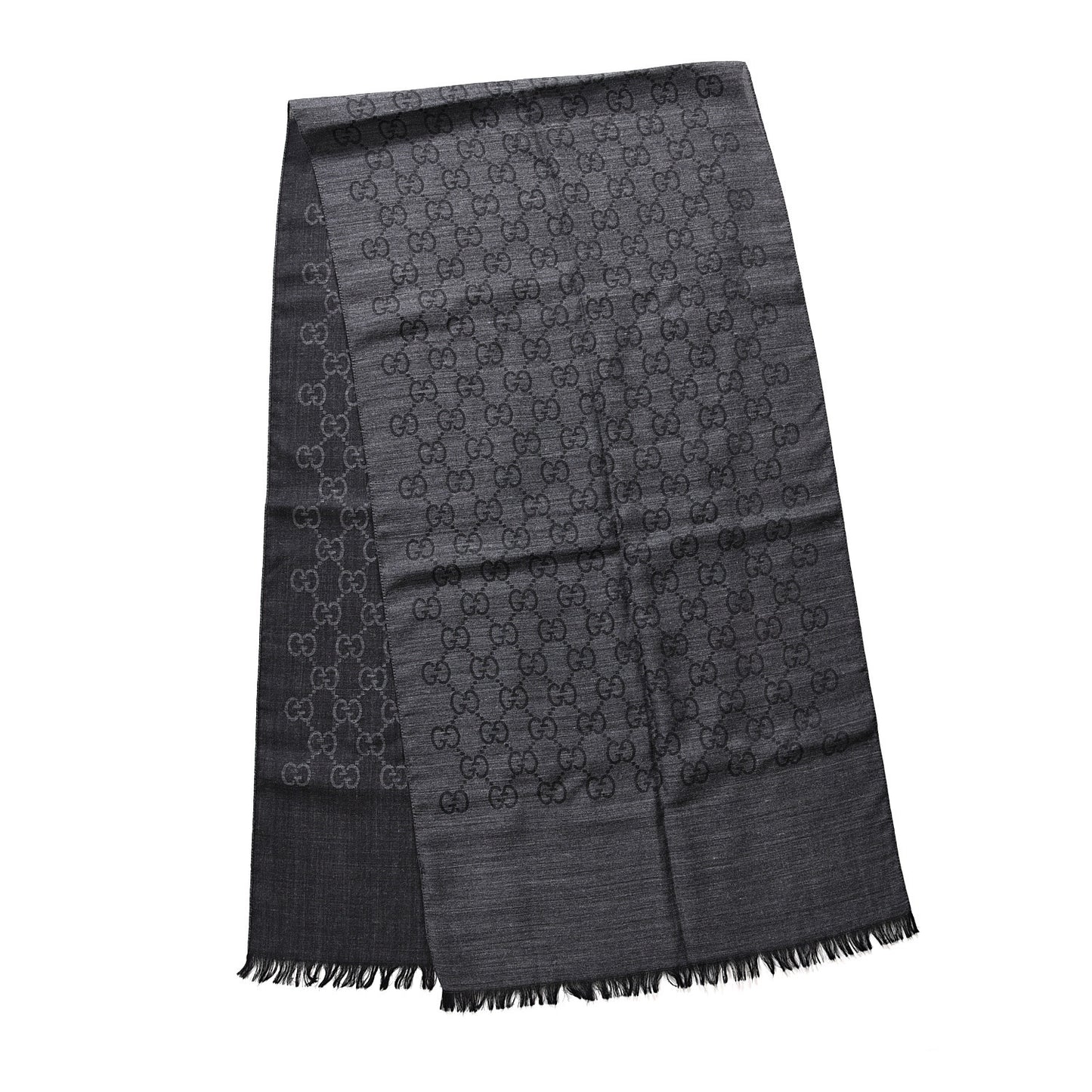 Wool Silk Monogram Fringe Scarf Grey Black