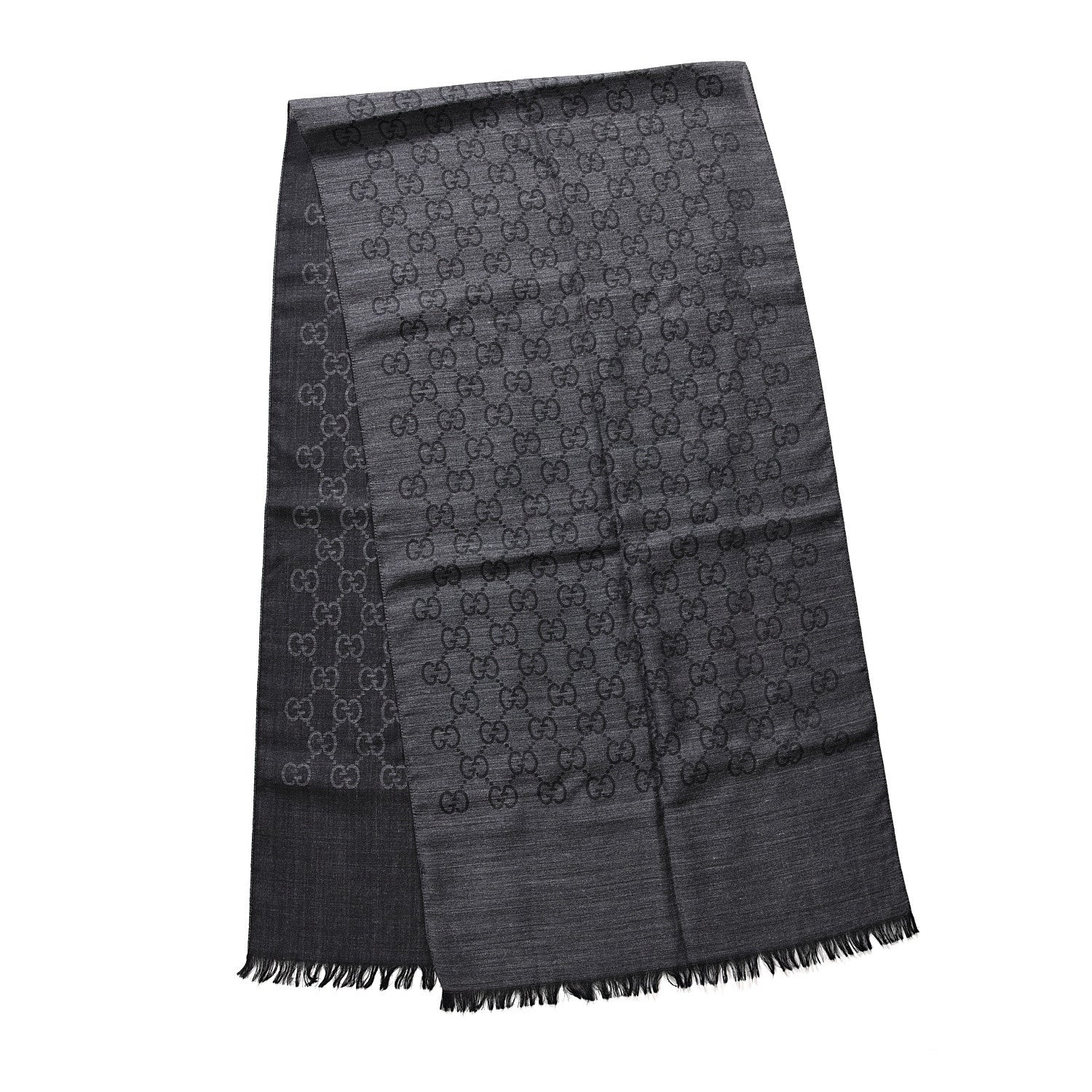 Gucci Wool Silk Monogram Fringe Scarf Grey Black 2 of 3