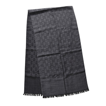 Gucci Wool Silk Monogram Fringe Scarf Grey Black 2 of 3