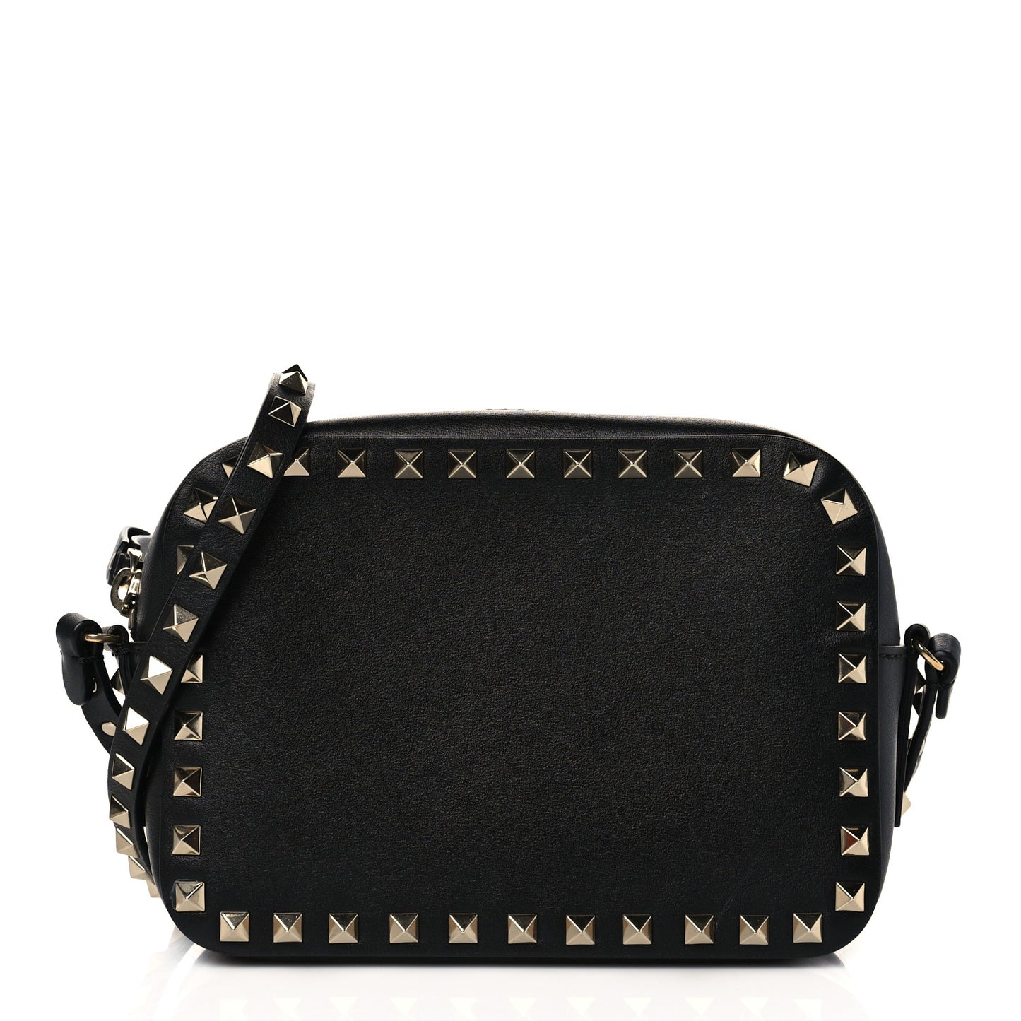 Pebbled Calfskin Rockstud Camera Crossbody Bag Black
