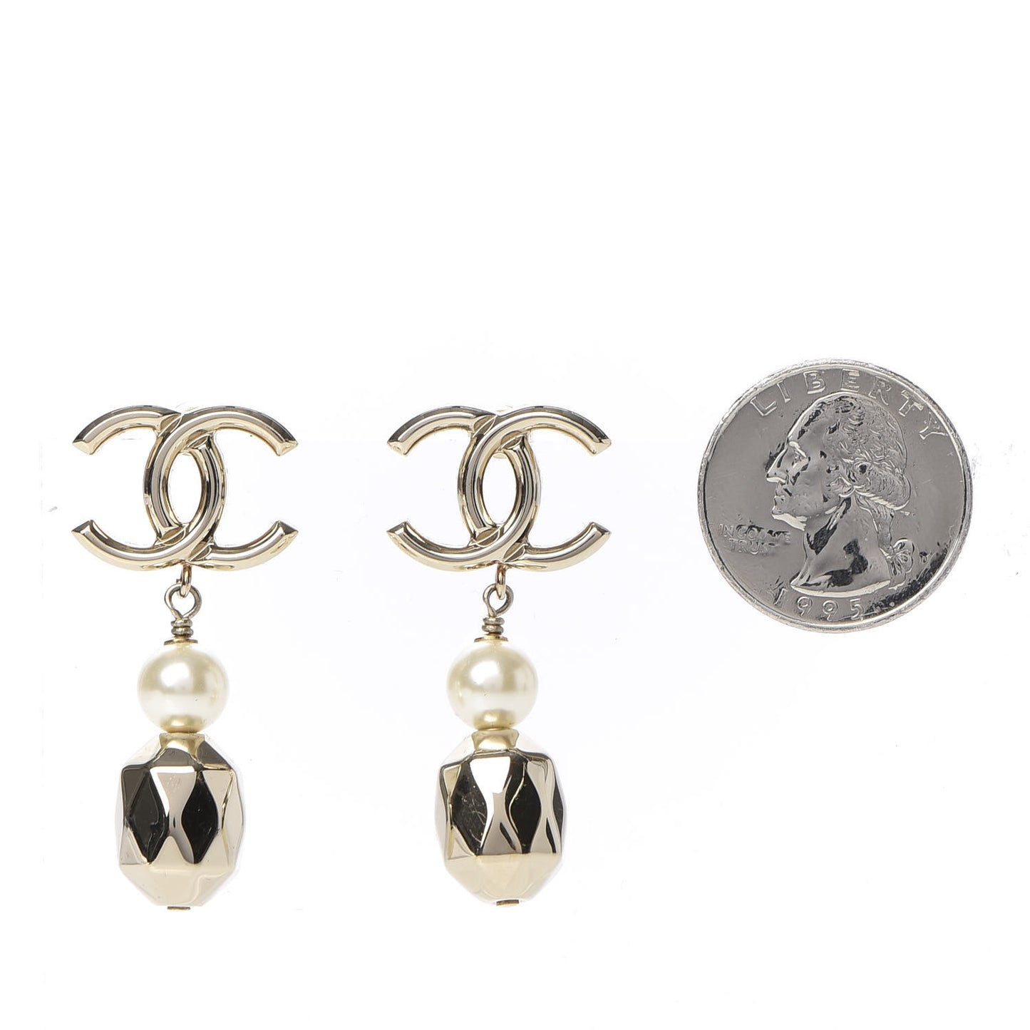 Metal Bead Pearl CC Drop Earrings Golden Pearly White