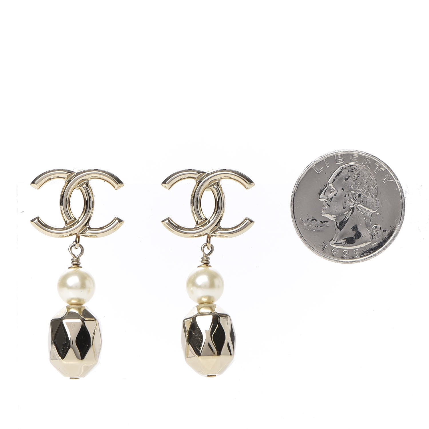 Chanel Metal Bead Pearl CC Drop Earrings Golden Pearly White 2 of 4