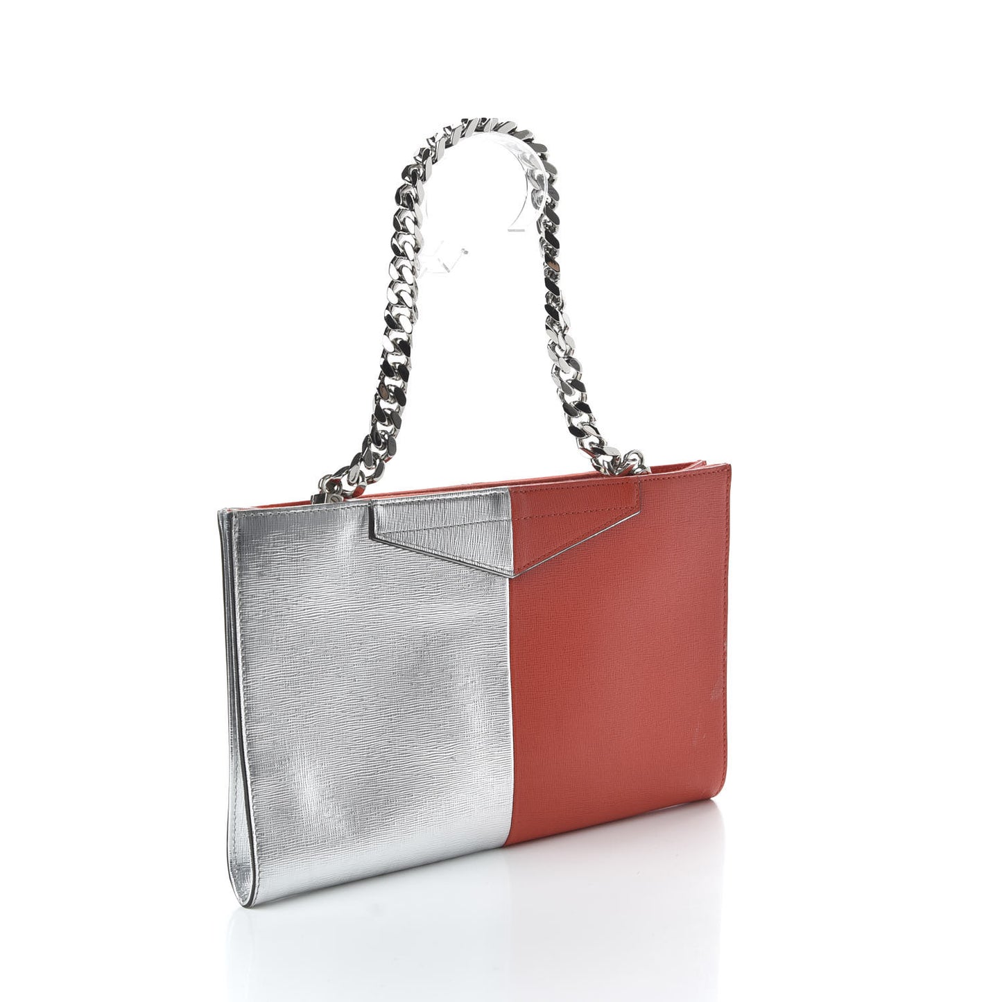 Metallic Saffiano Bi-Color Chain Clutch Bag Papavero Argento