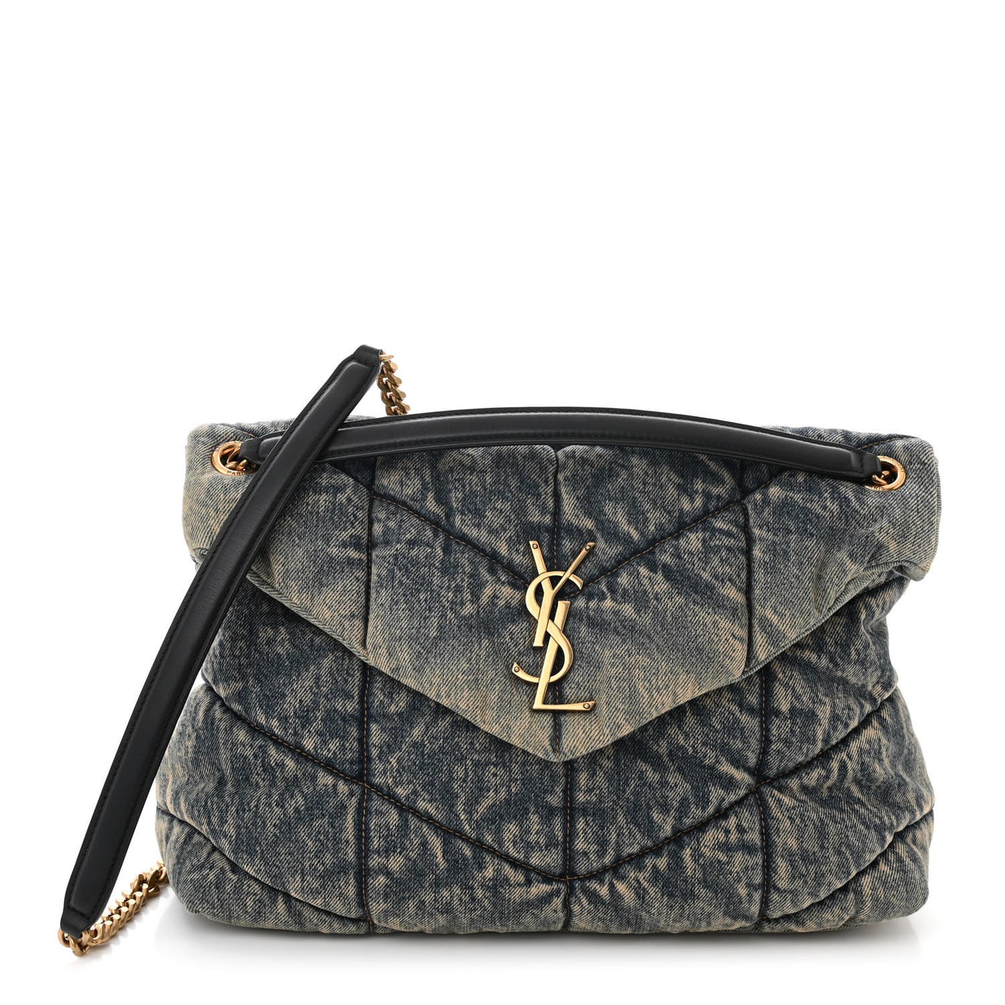 Denim Quilted Medium Loulou Puffer Monogram Chain Satchel Blue Black