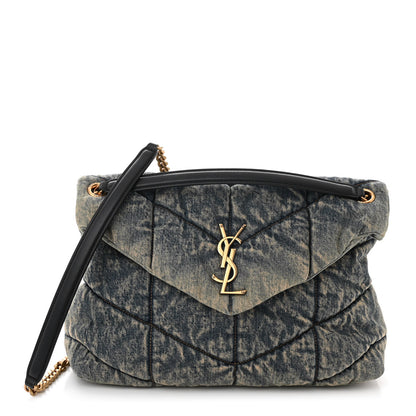 Saint Laurent Denim Quilted Medium Loulou Puffer Monogram Chain Satchel Blue Black 1 of 10