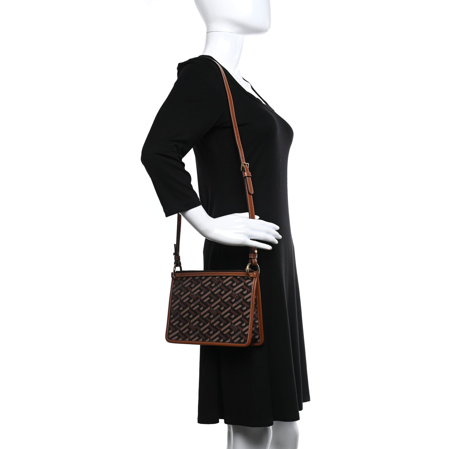 Coated Canvas Medium La Greca Signature Pouch Black Caramel