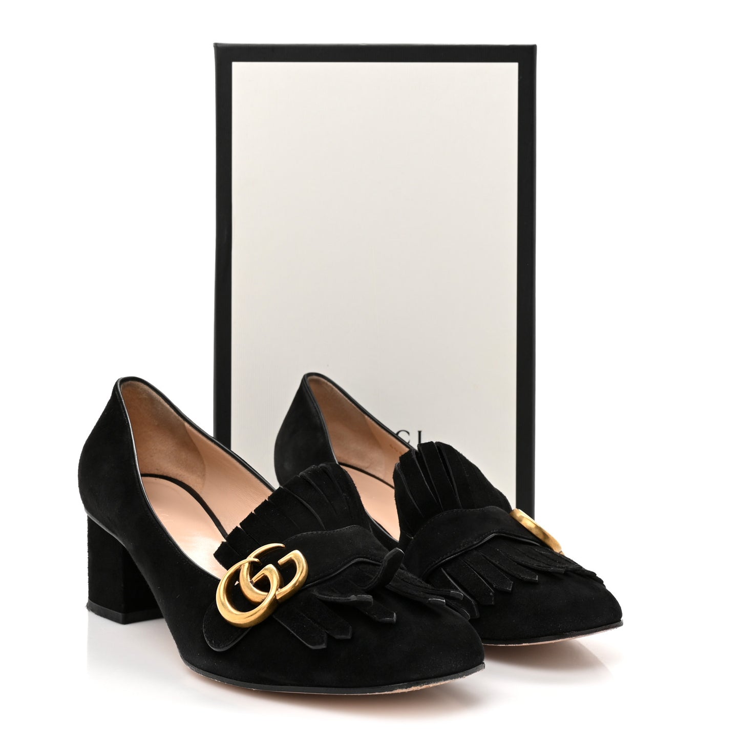 Kid Scamosciato GG Marmont Fringe 50mm Loafer Pumps 39.5 Black