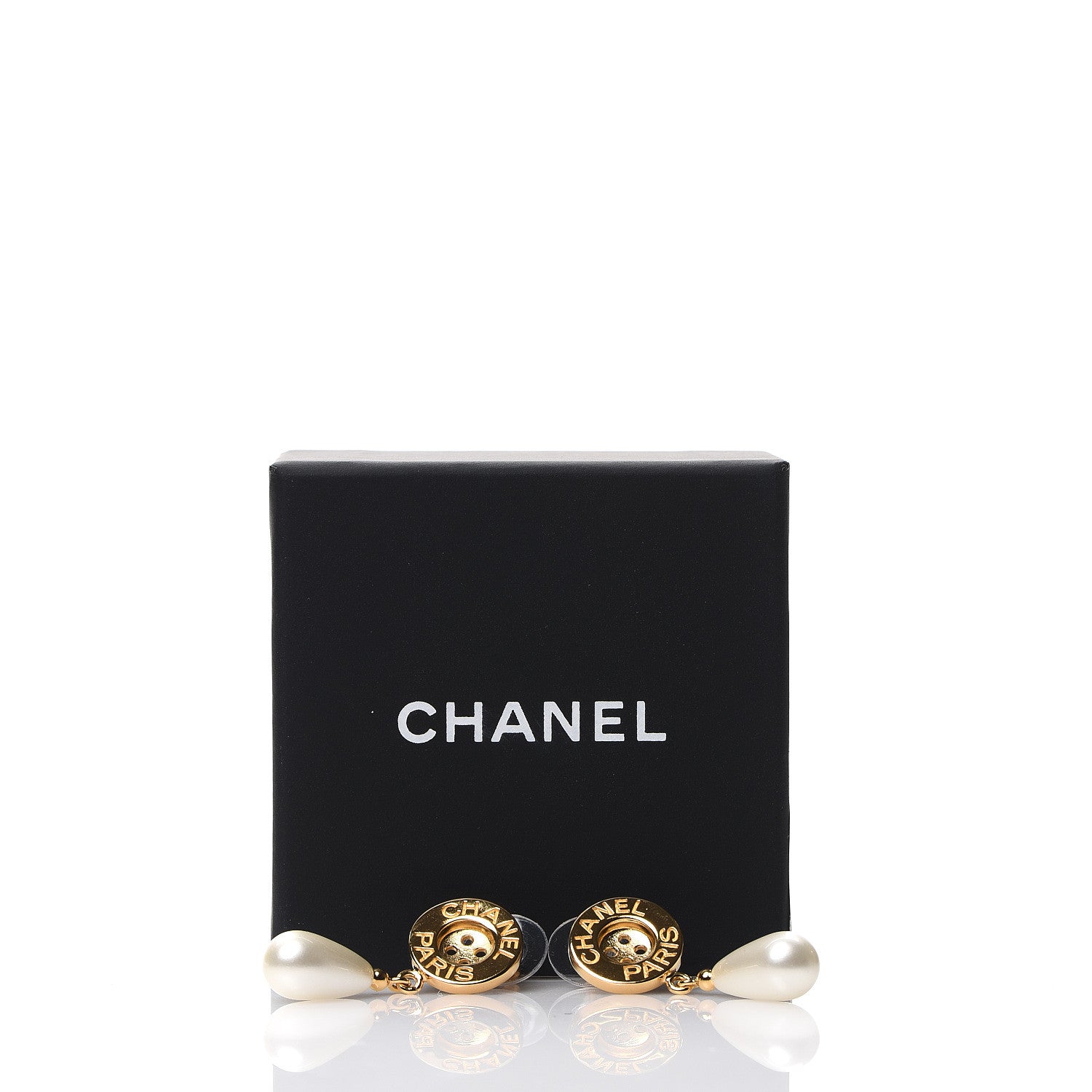 Chanel Metal Pearl Paris Button Drop Earrings Gold 5 of 5