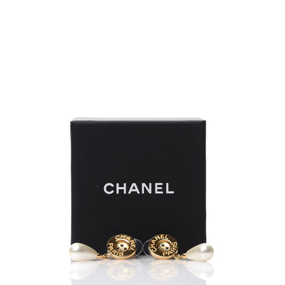 Chanel Metal Pearl Paris Button Drop Earrings Gold 5 of 5