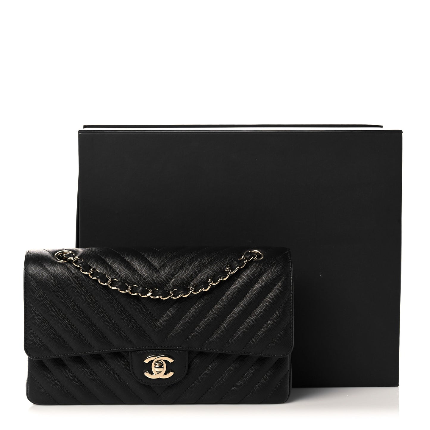 Caviar Chevron Quilted Medium Double Flap Black