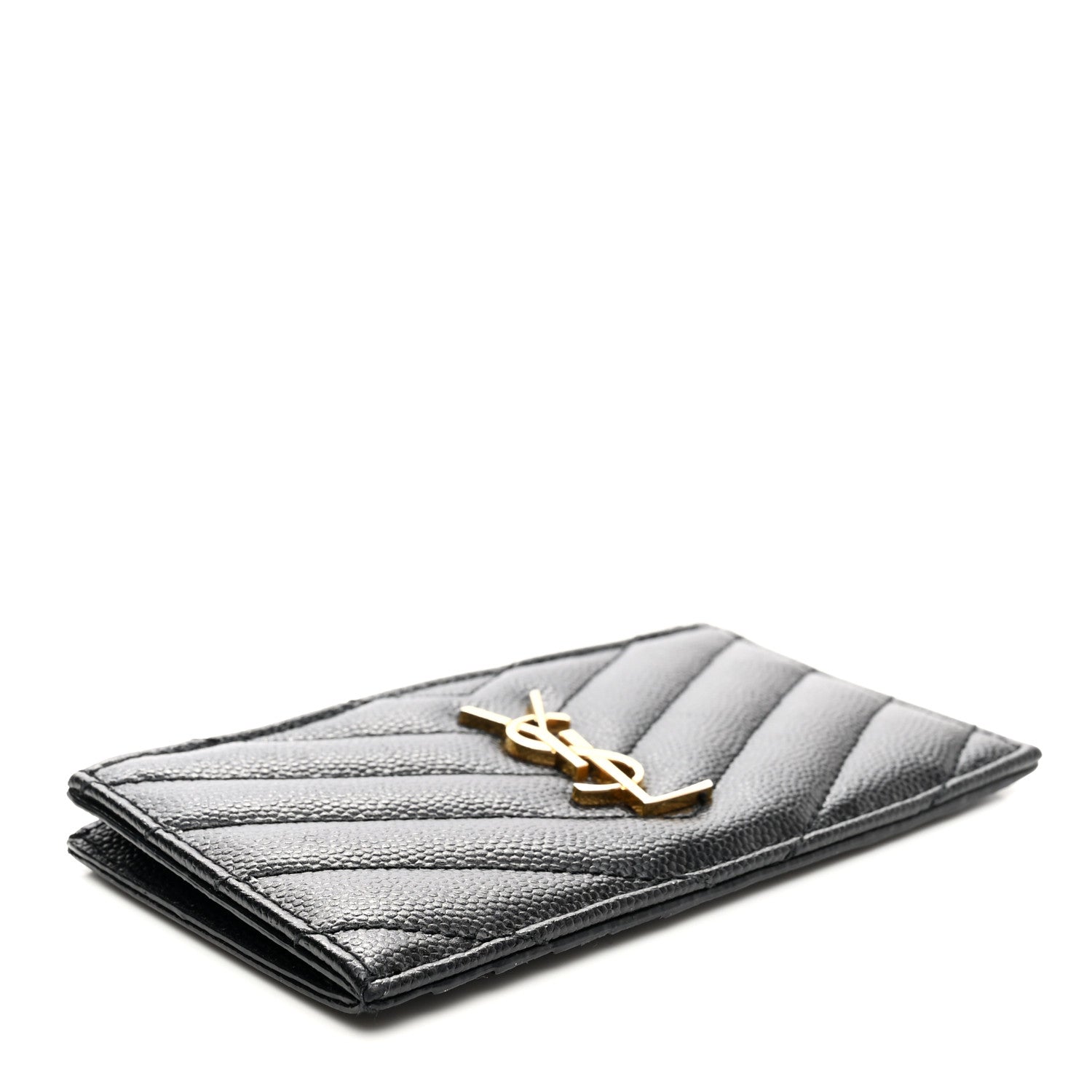 Saint Laurent Grain De Poudre Matelasse Chevron Monogram Fragments Zippered Card Case Black 4 of 10