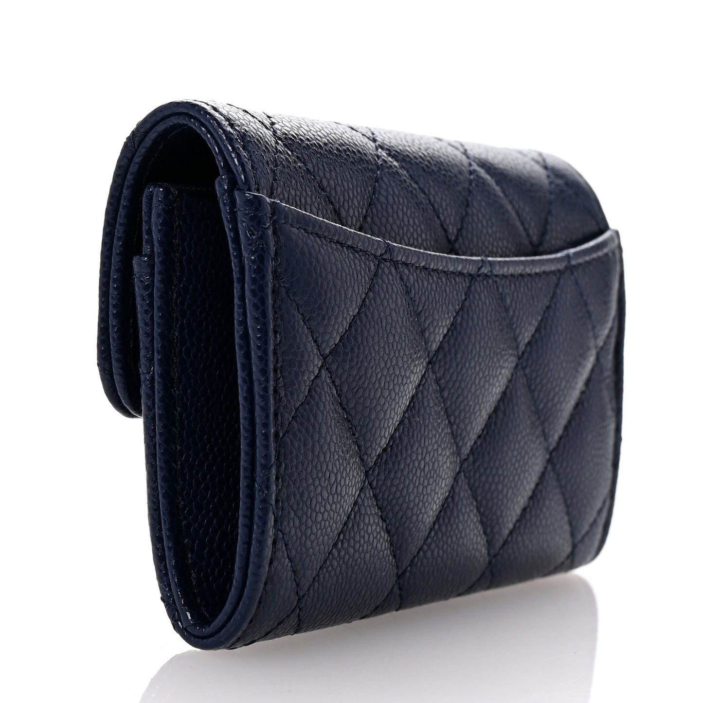 Caviar Quilted Flap Card Holder Wallet Navy Blue