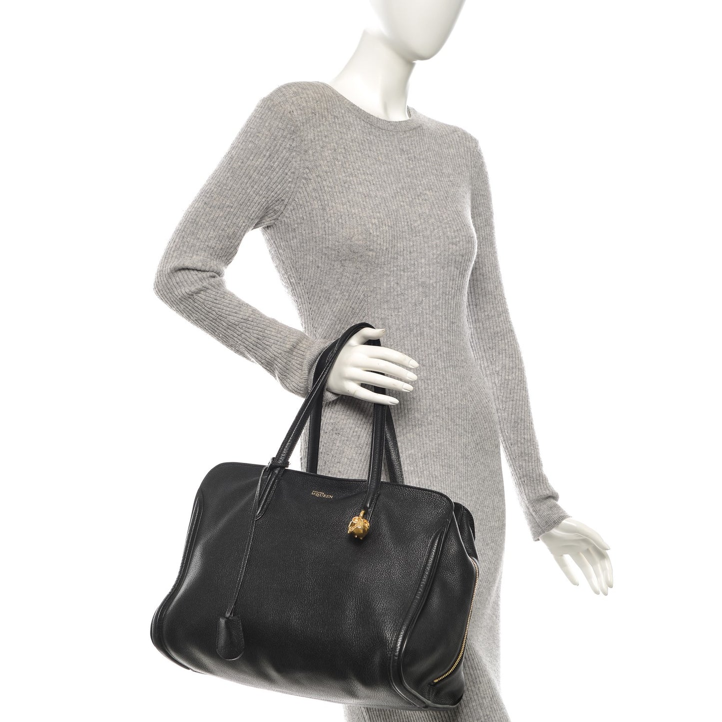 Pebbled Calfskin Large Skull Padlock Zip Around Tote Black