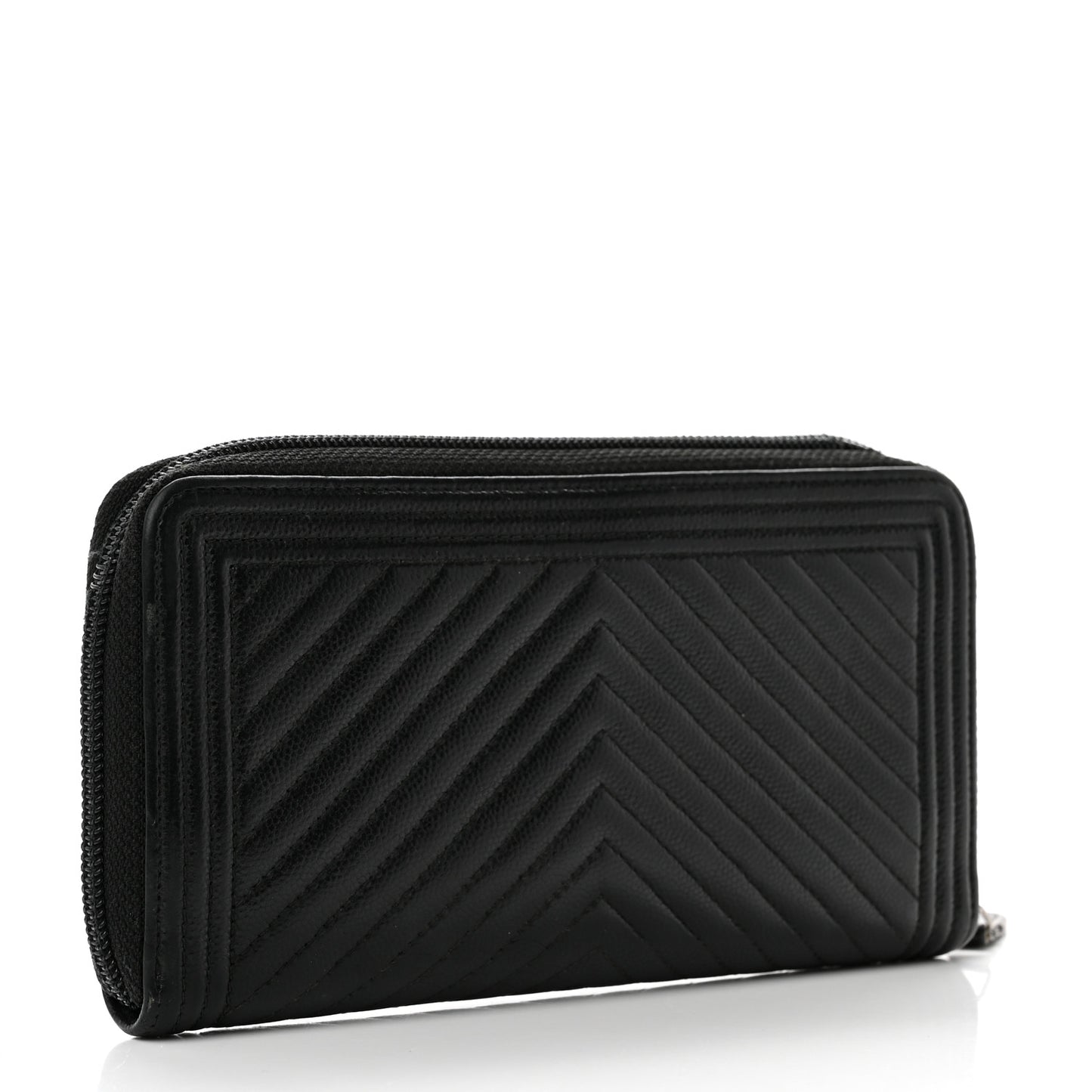 Caviar Chevron Quilted Zip Around Boy Wallet Black
