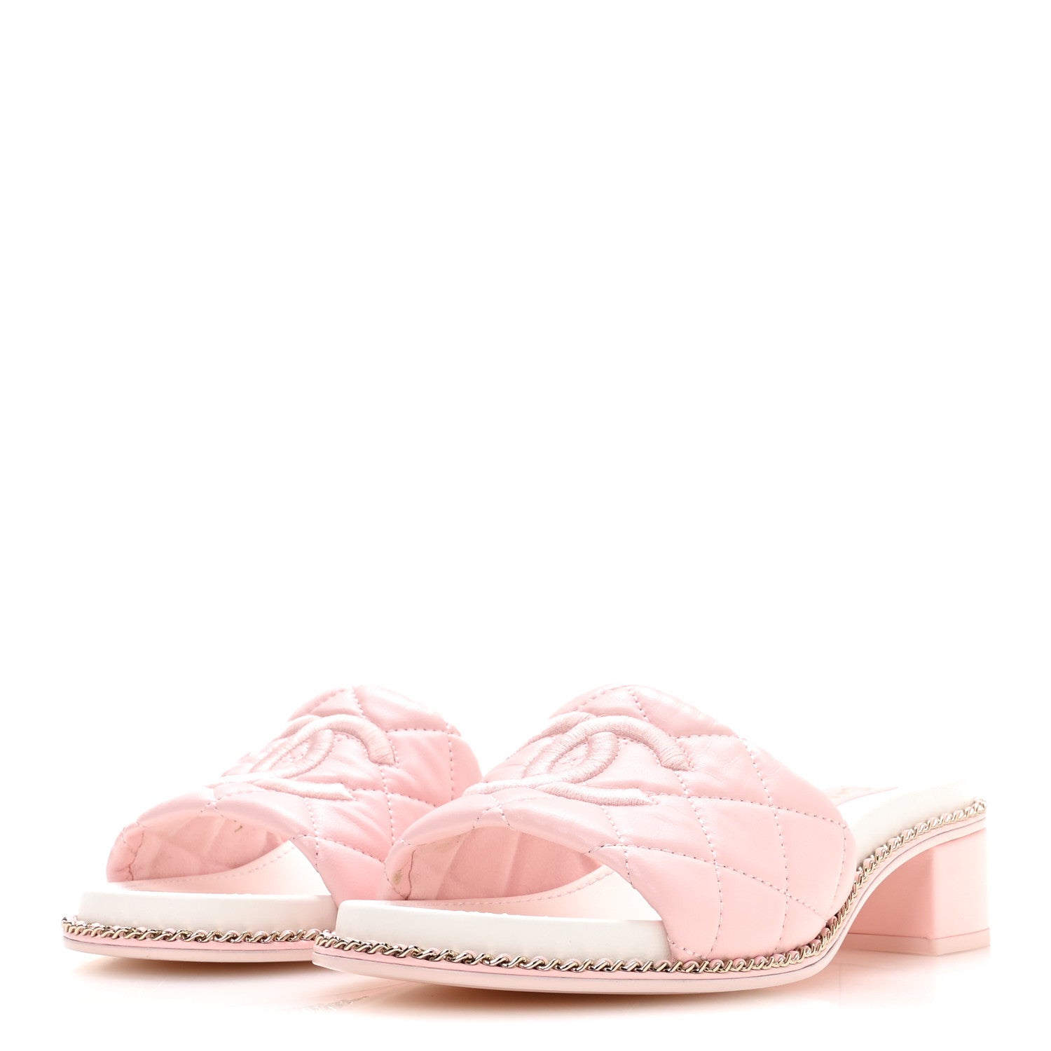 Chanel Lambskin Quilted CC Chain Mules 38 Light Pink White 4 of 8