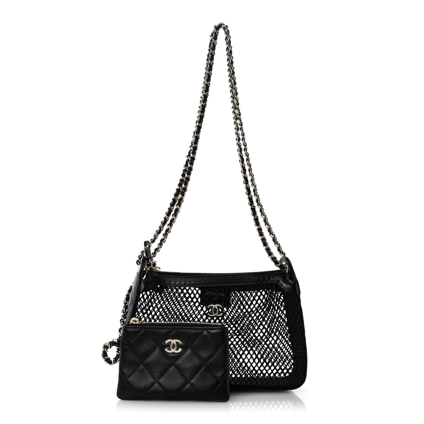 Mesh Shiny Lambskin Clutch With Chain Black