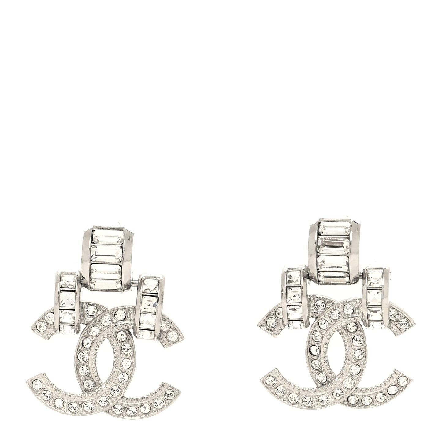 Metal Baguette Crystal CC Earrings Silver