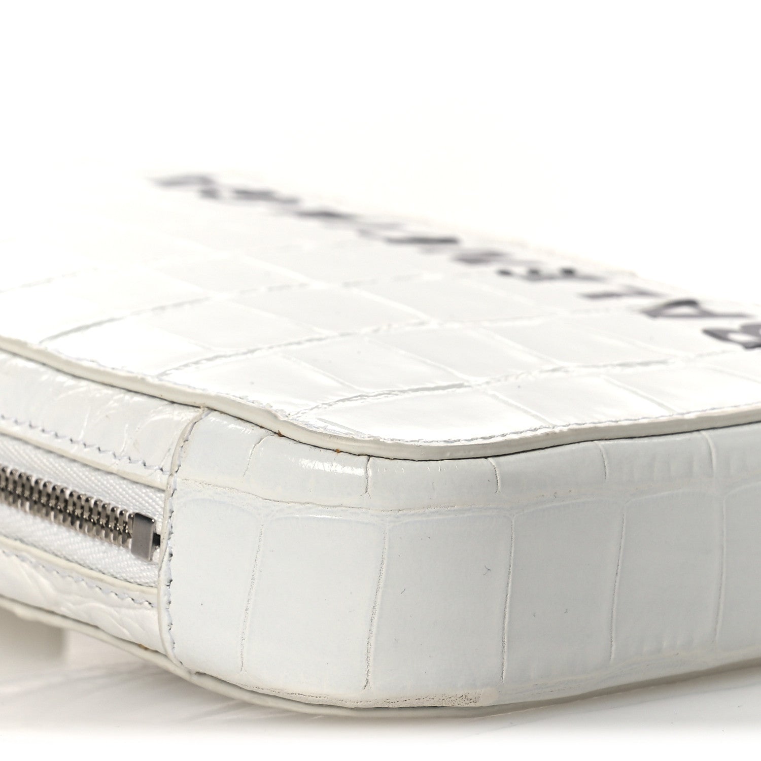 Balenciaga Shiny Calfskin Logo Crocodile Embossed Cash Phone Holder Bag White Black 9 of 13
