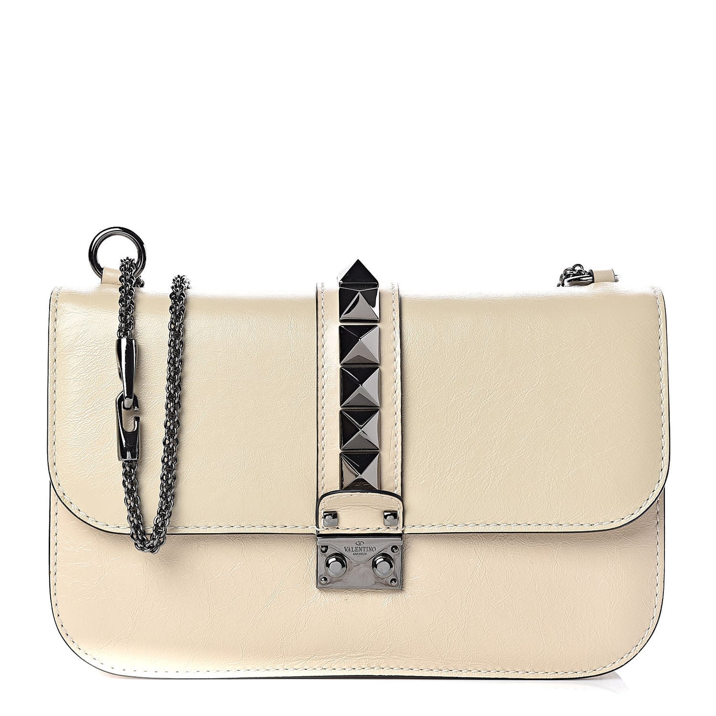 Craquele Calfskin Medium Glam Lock Rockstud Flap Light Ivory