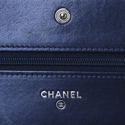 Chanel Patent Metallic Crumpled Calfskin Quilted Wallet On Chain WOC Navy 6 of 11
