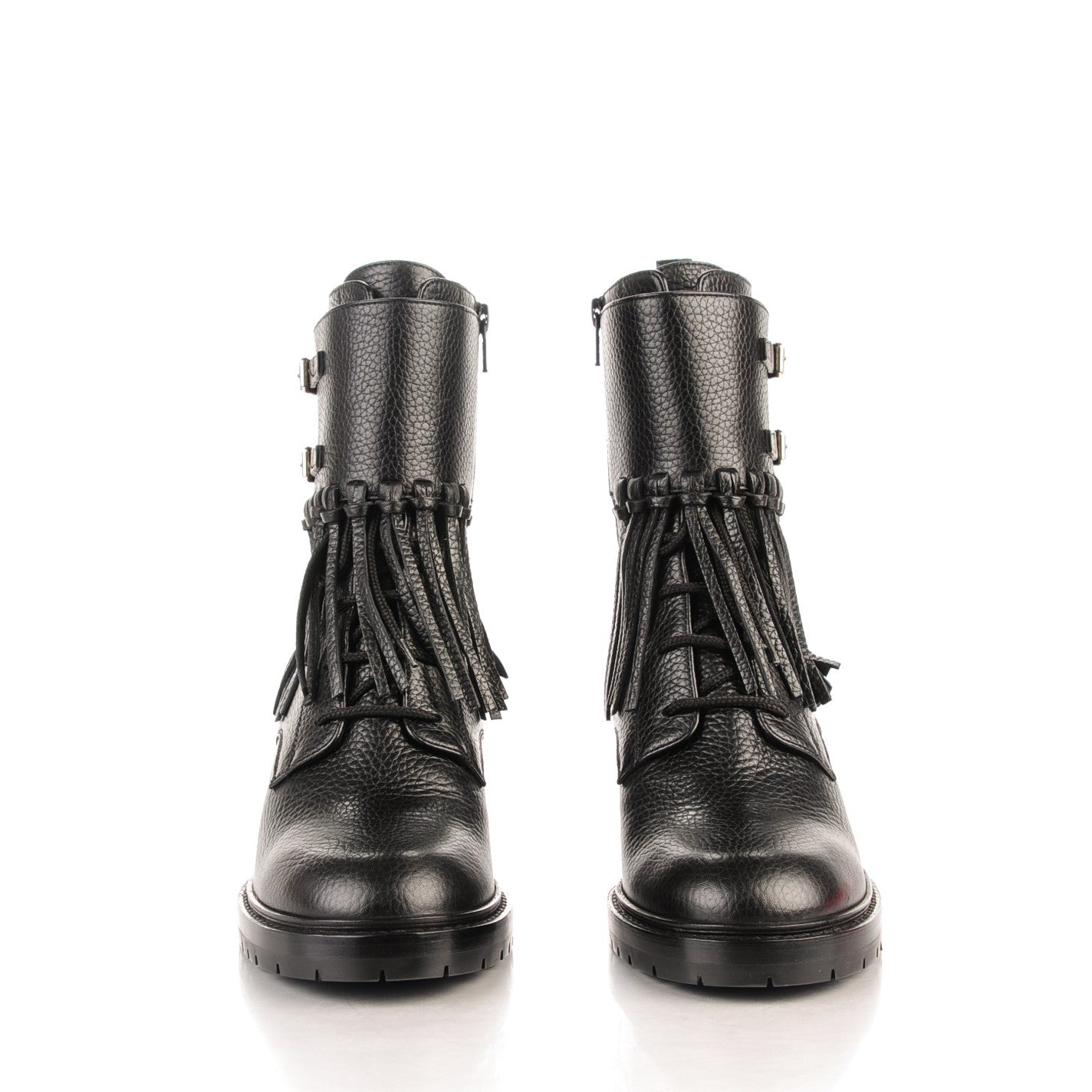 Valentino Garavani Calfskin Fringe Combat Boots 38.5 Black 2 of 9