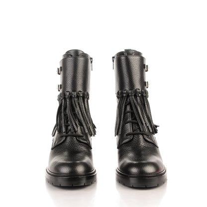 Valentino Garavani Calfskin Fringe Combat Boots 38.5 Black 2 of 9