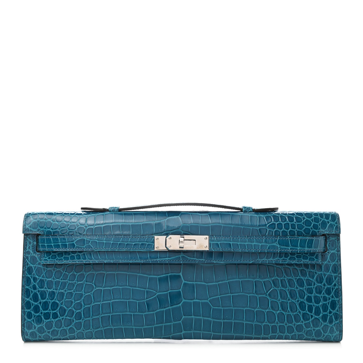 Hermes Shiny Porosus Crocodile Kelly Cut Pochette Bleu Izmir 1 of 7
