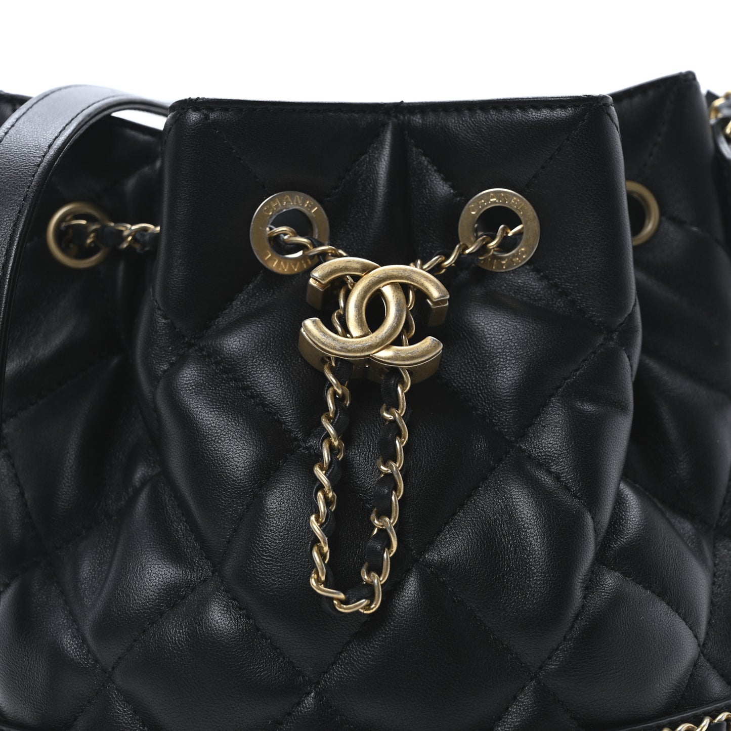 Lambskin Quilted Chain Bucket Drawstring Bag Black