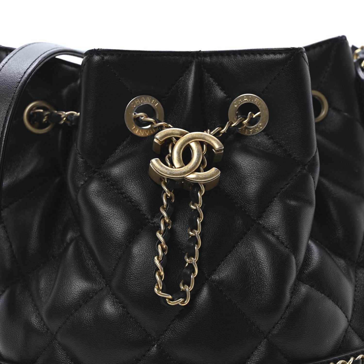 Chanel Lambskin Quilted Chain Bucket Drawstring Bag Black 8 of 10