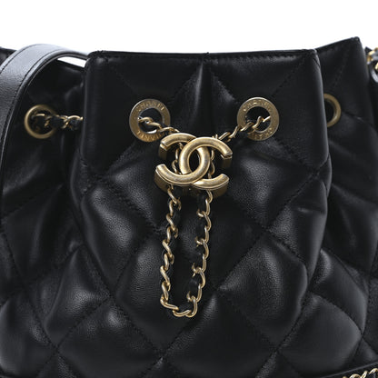 Chanel Lambskin Quilted Chain Bucket Drawstring Bag Black 8 of 10