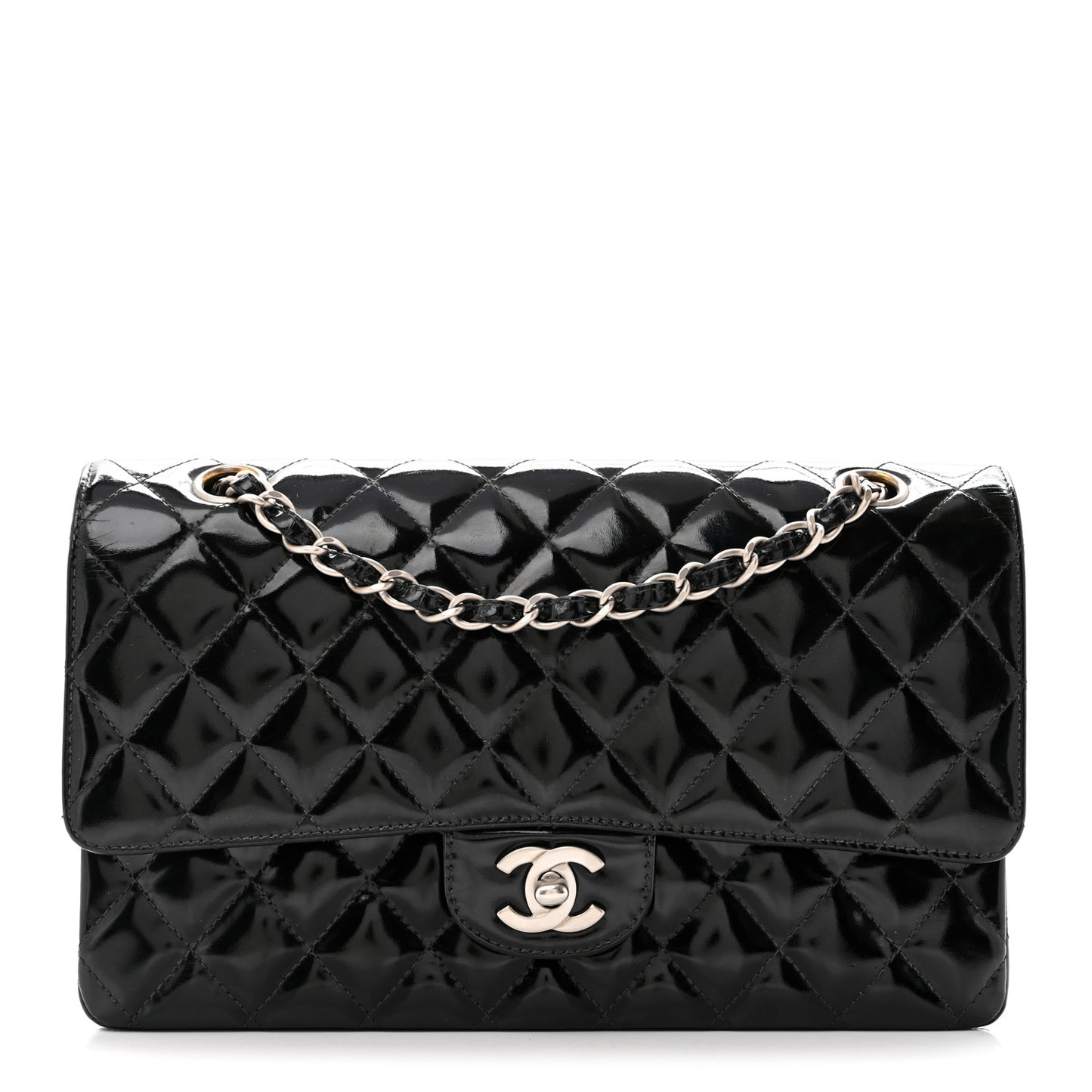 Patent Quilted Medium Double Flap Black