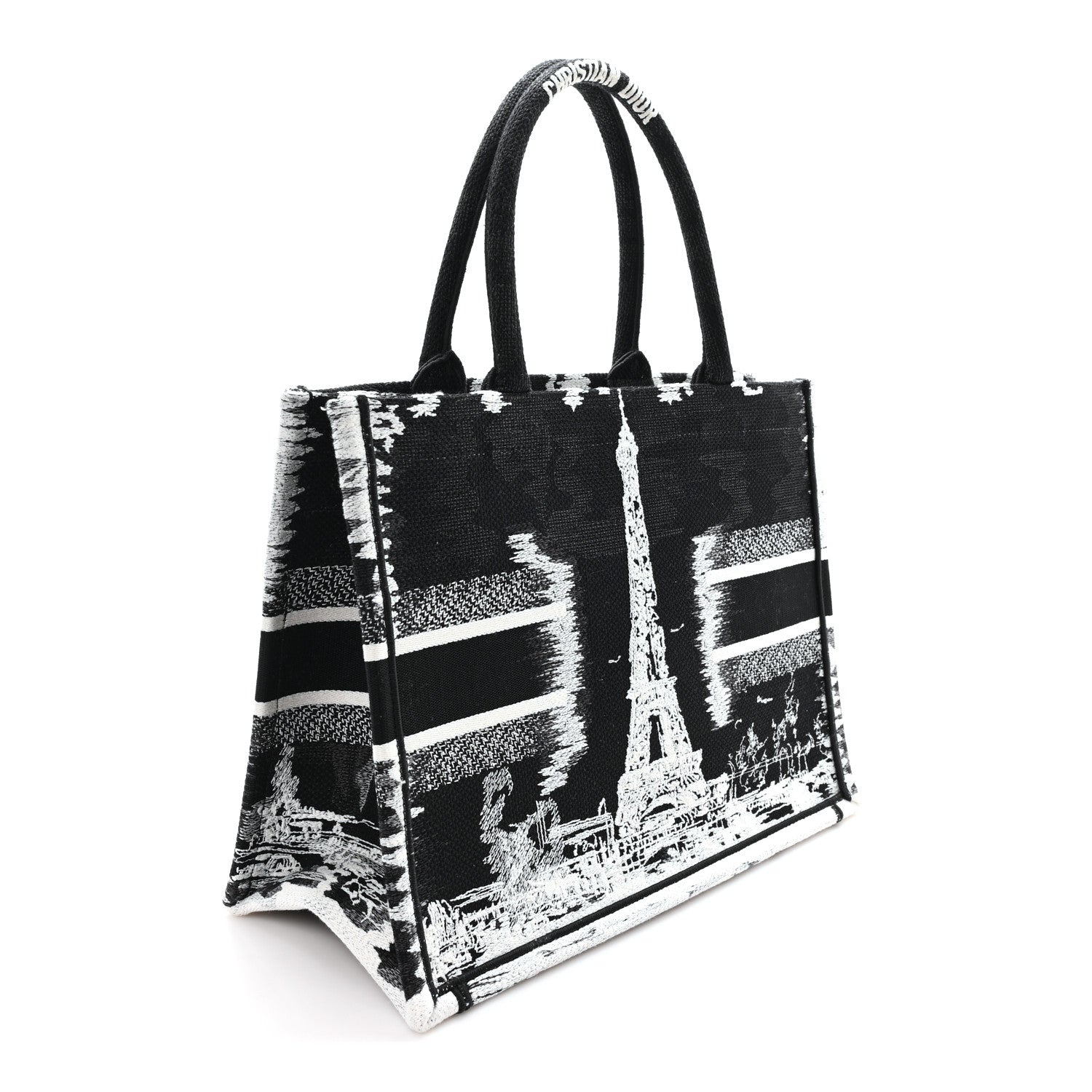 Christian Dior Canvas Embroidered Medium Paris Book Tote Black White 3 of 12
