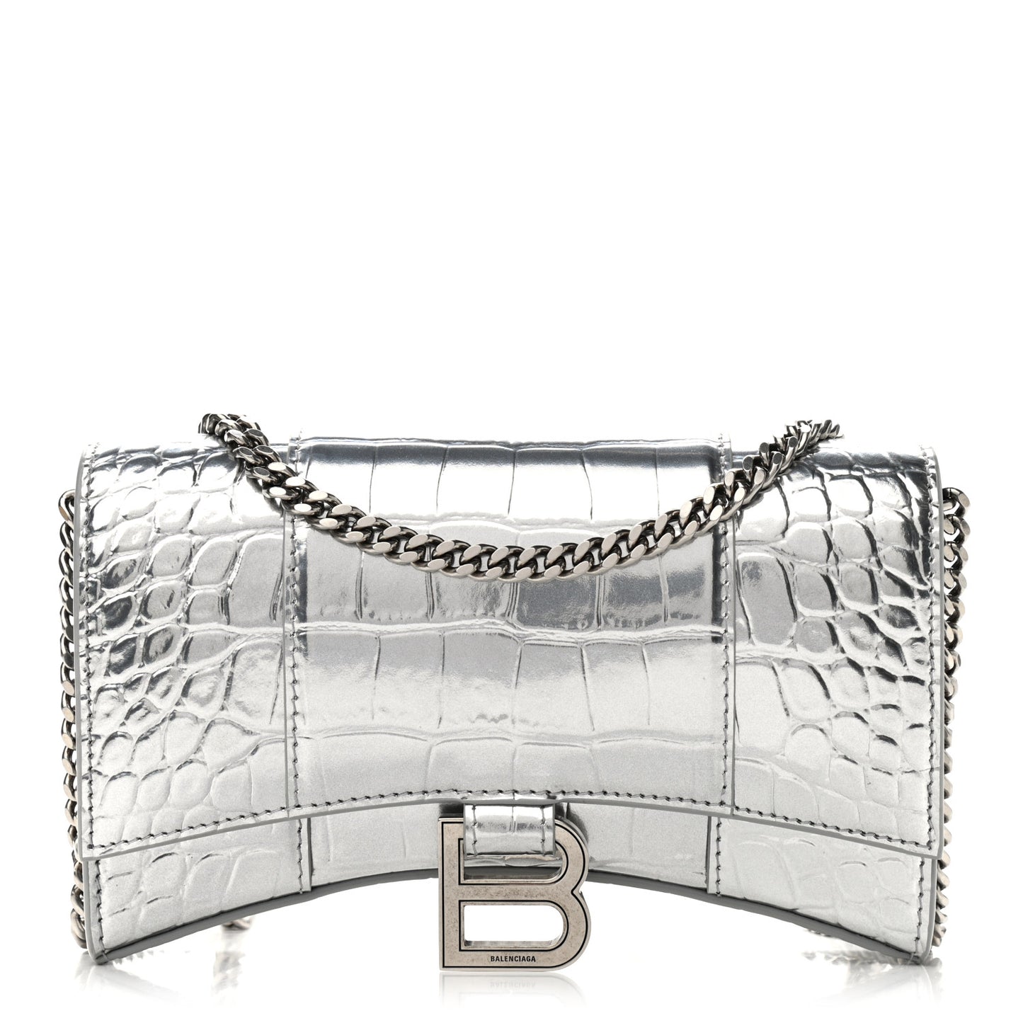 Metallic Calfskin Crocodile Embossed Hourglass Chain Bag Silver
