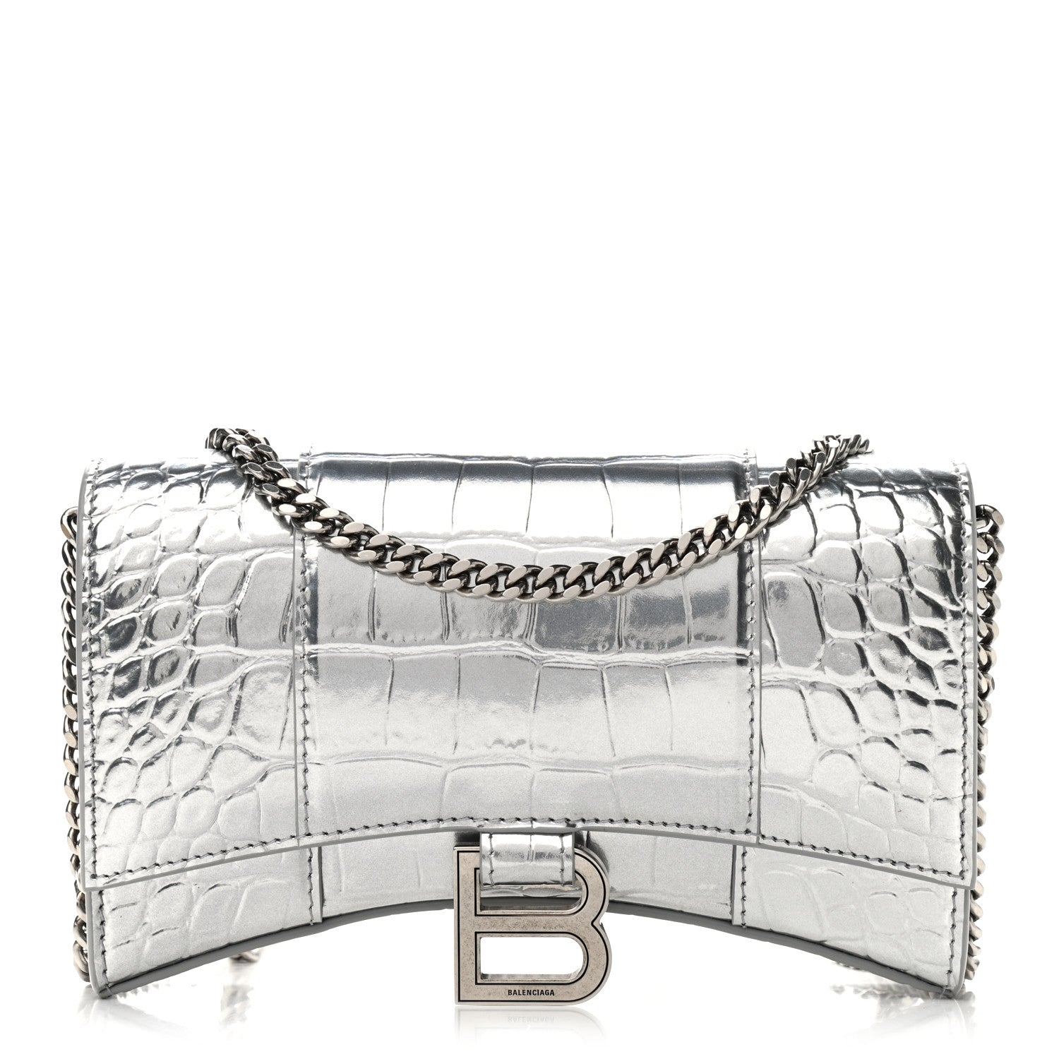 Balenciaga Metallic Calfskin Crocodile Embossed Hourglass Chain Bag Silver 1 of 8